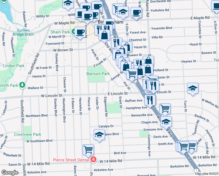 map of restaurants, bars, coffee shops, grocery stores, and more near 932 Purdy Street in Birmingham