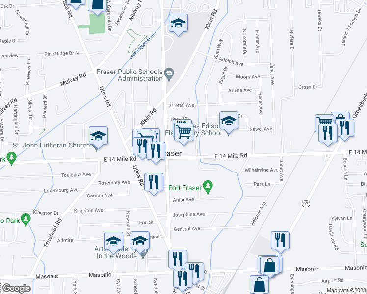 map of restaurants, bars, coffee shops, grocery stores, and more near 16853 East 14 Mile Road in Fraser