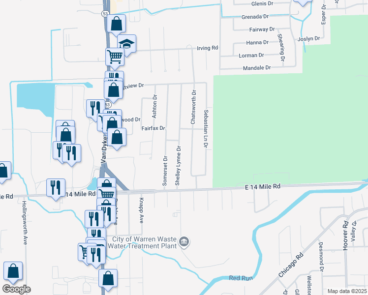 map of restaurants, bars, coffee shops, grocery stores, and more near 33468 Shelley Lynne Drive in Sterling Heights