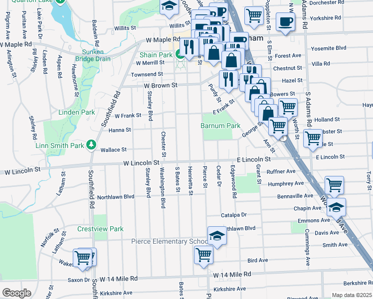 map of restaurants, bars, coffee shops, grocery stores, and more near 980 Henrietta Street in Birmingham