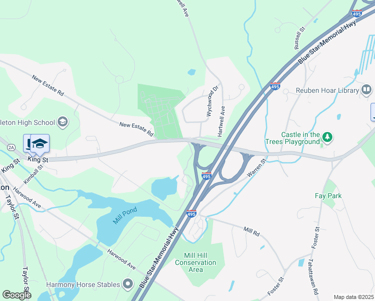 map of restaurants, bars, coffee shops, grocery stores, and more near King Street in Littleton