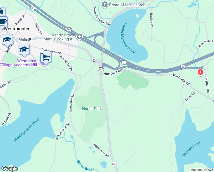 map of restaurants, bars, coffee shops, grocery stores, and more near 4 Hager Park Road in Westminster