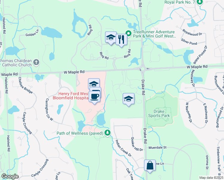 map of restaurants, bars, coffee shops, grocery stores, and more near 6600 Ridgefield Circle in West Bloomfield Township