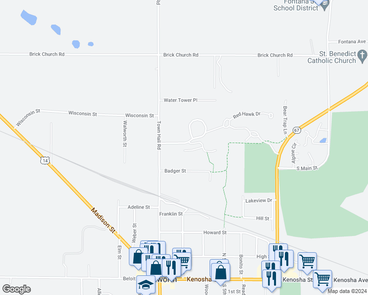 map of restaurants, bars, coffee shops, grocery stores, and more near 132 Fox Lane in Walworth