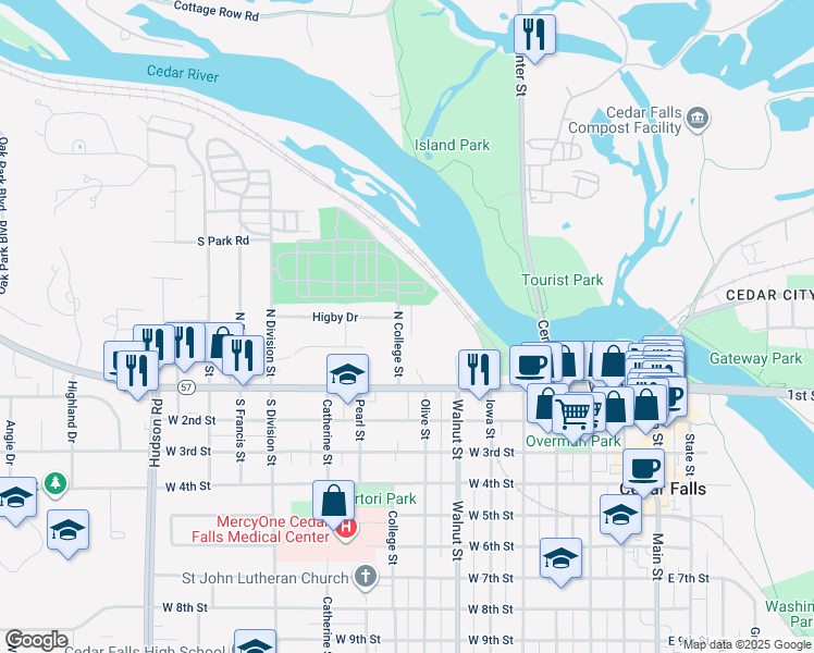 map of restaurants, bars, coffee shops, grocery stores, and more near 317 North College Street in Cedar Falls