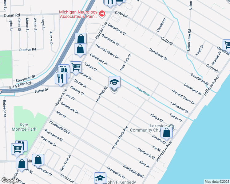map of restaurants, bars, coffee shops, grocery stores, and more near 23340 Elmira Street in St. Clair Shores