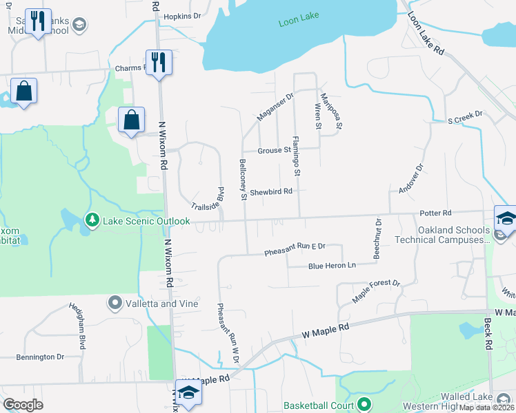 map of restaurants, bars, coffee shops, grocery stores, and more near 1238 Bellconey Street in Wixom
