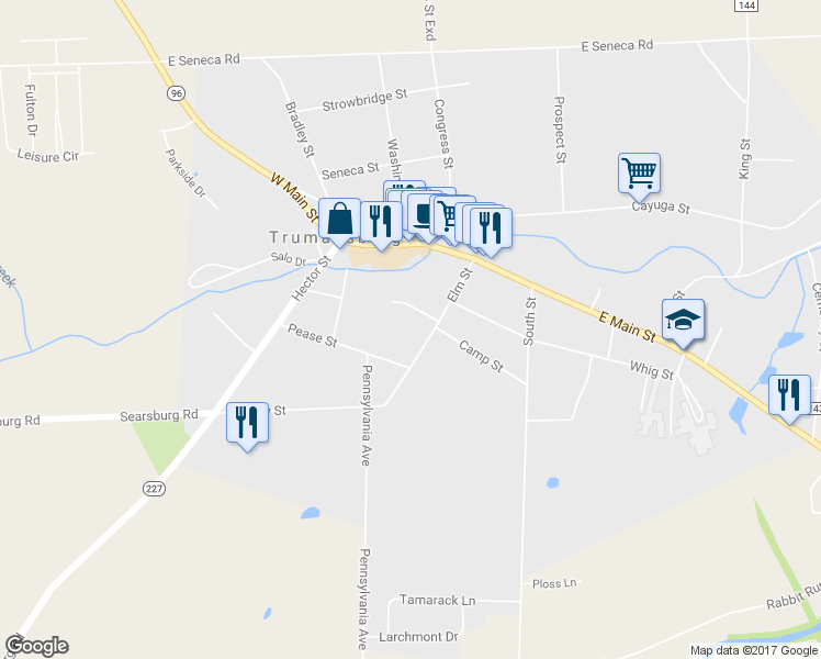 map of restaurants, bars, coffee shops, grocery stores, and more near 30 Elm Street in Trumansburg
