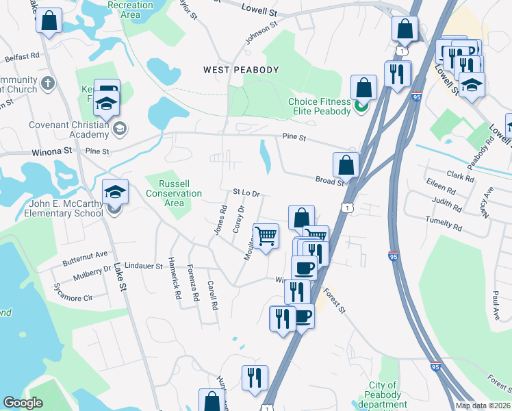 map of restaurants, bars, coffee shops, grocery stores, and more near 13 Corey Drive in Peabody