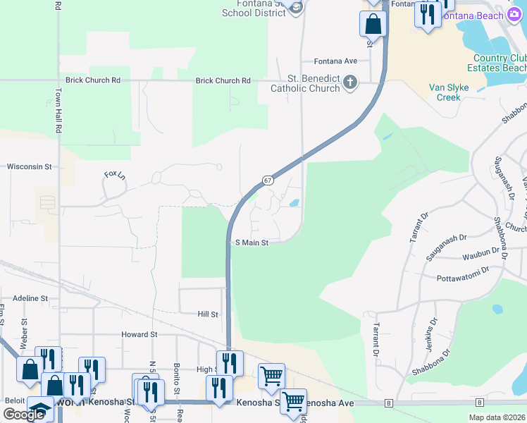 map of restaurants, bars, coffee shops, grocery stores, and more near 845 Hillside Drive in Fontana-on-Geneva Lake