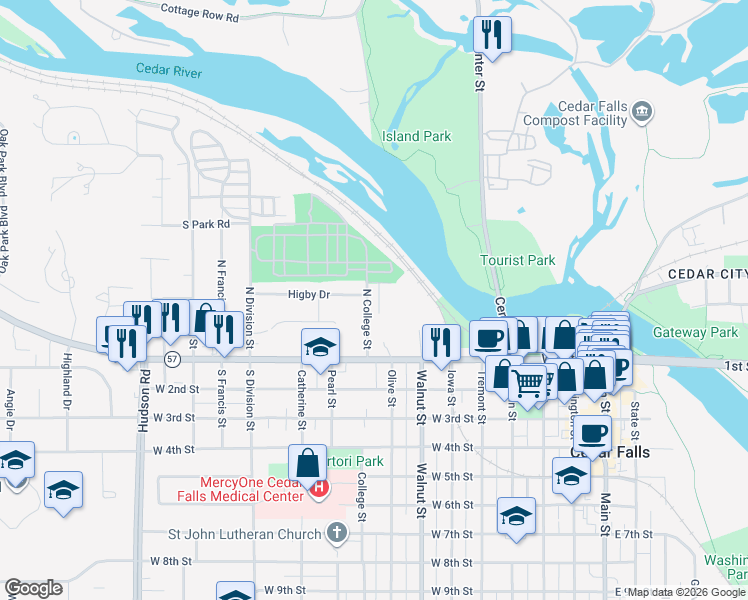 map of restaurants, bars, coffee shops, grocery stores, and more near 317 North College Street in Cedar Falls