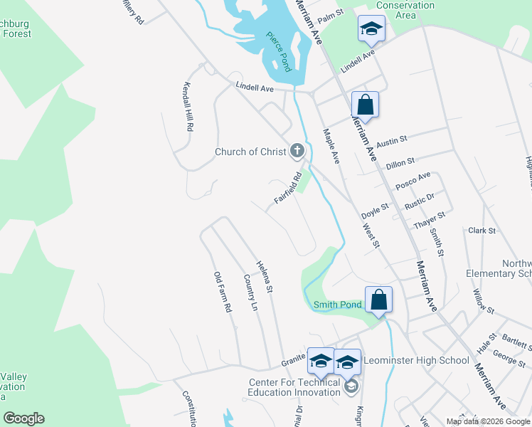 map of restaurants, bars, coffee shops, grocery stores, and more near 72 Fairfield Road in Leominster