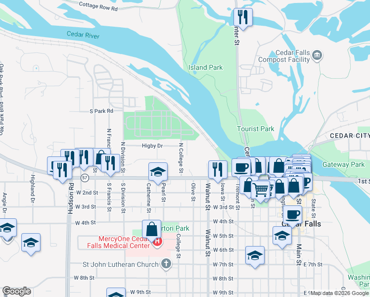 map of restaurants, bars, coffee shops, grocery stores, and more near 317 North College Street in Cedar Falls