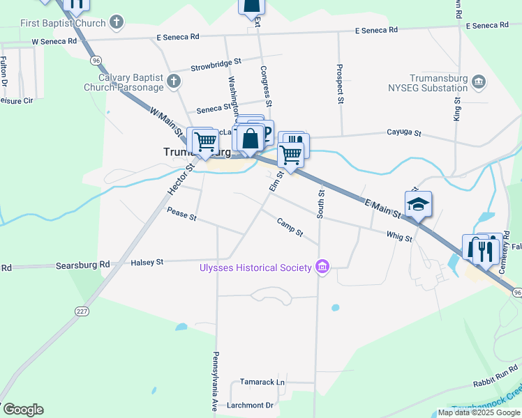 map of restaurants, bars, coffee shops, grocery stores, and more near Camp Street in Trumansburg