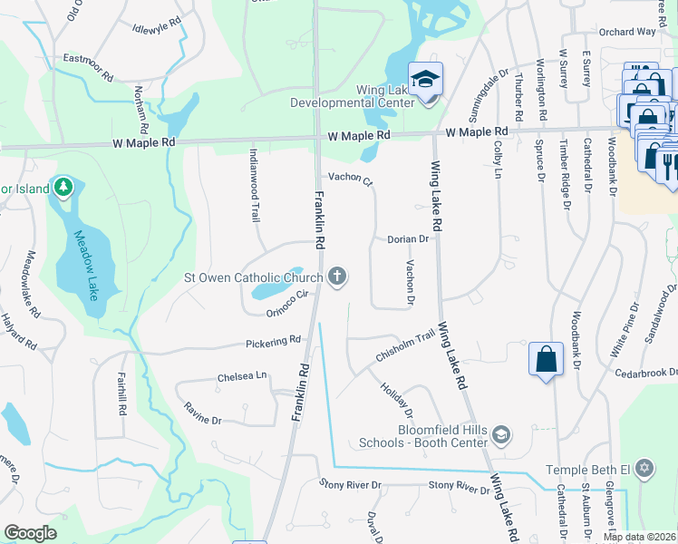 map of restaurants, bars, coffee shops, grocery stores, and more near in Bloomfield Hills
