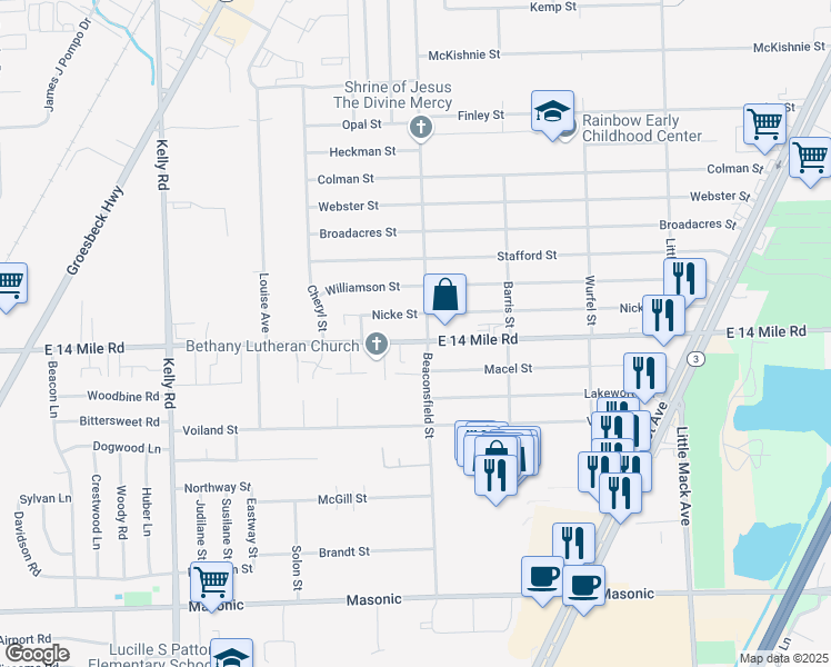 map of restaurants, bars, coffee shops, grocery stores, and more near 19615 East 14 Mile Road in Charter Township of Clinton