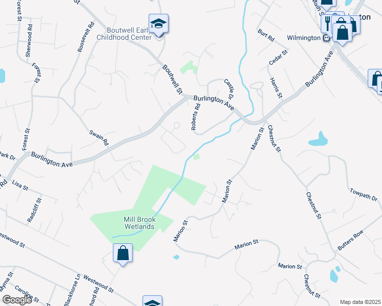 map of restaurants, bars, coffee shops, grocery stores, and more near 17 Dell Drive in Wilmington