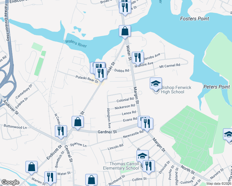 map of restaurants, bars, coffee shops, grocery stores, and more near 8 Roland Road in Peabody