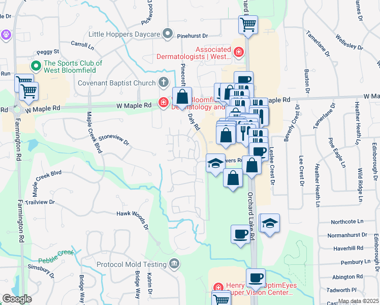 map of restaurants, bars, coffee shops, grocery stores, and more near 6785 Andiron Court in West Bloomfield Township