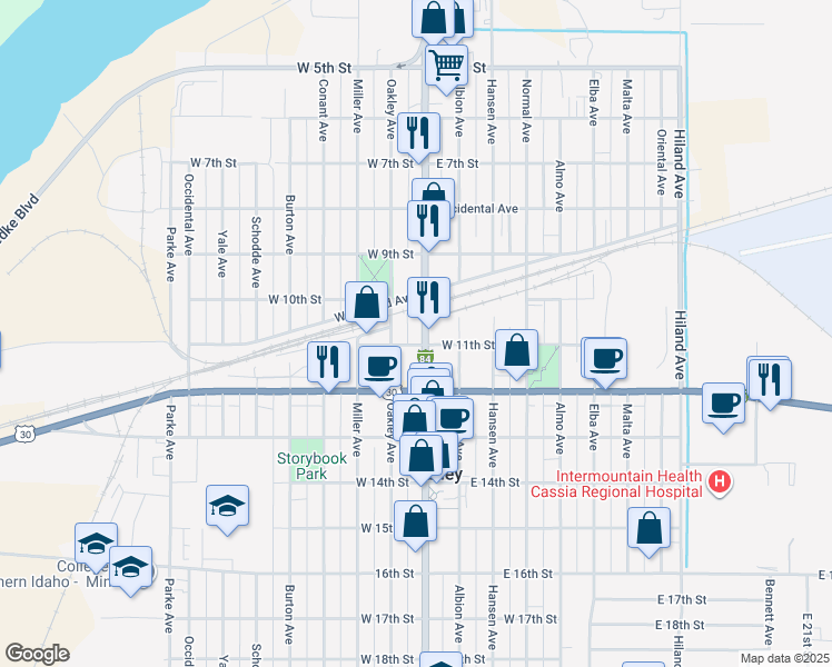 map of restaurants, bars, coffee shops, grocery stores, and more near Overland Avenue in Burley