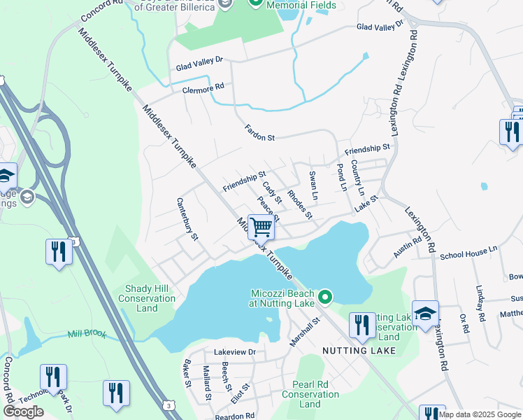 map of restaurants, bars, coffee shops, grocery stores, and more near 28 Peace Street in Billerica