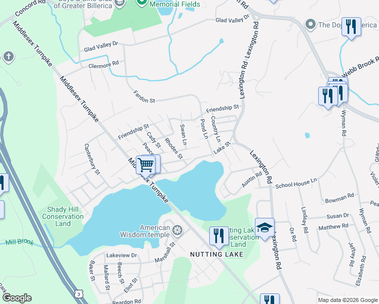 map of restaurants, bars, coffee shops, grocery stores, and more near 23 Lake Street in Billerica