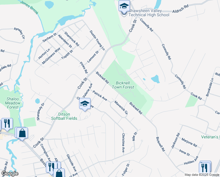 map of restaurants, bars, coffee shops, grocery stores, and more near 25 Bicknell Road in Billerica