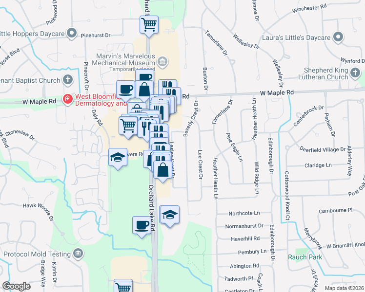 map of restaurants, bars, coffee shops, grocery stores, and more near 6788 Beverly Crest Drive in West Bloomfield Township