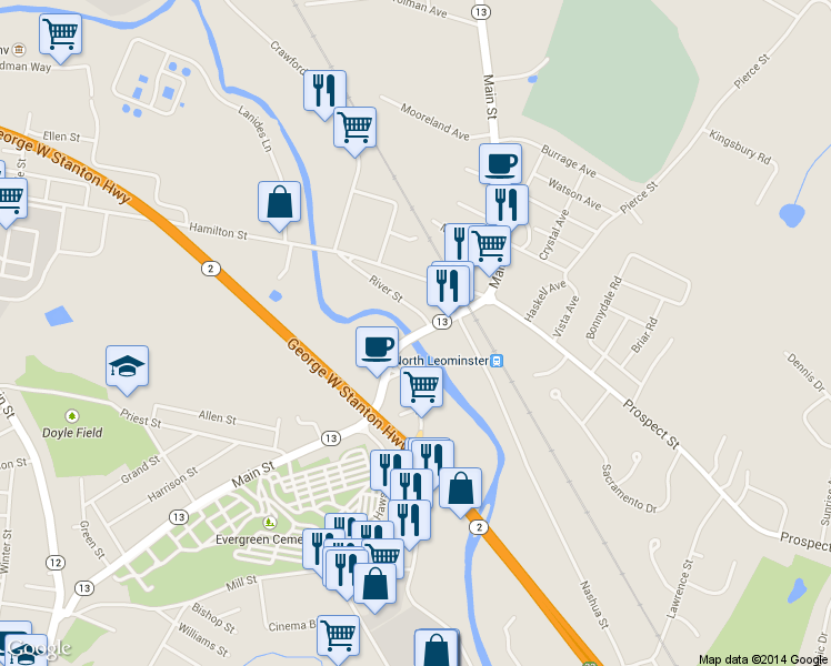 map of restaurants, bars, coffee shops, grocery stores, and more near 502 Main Street in Leominster