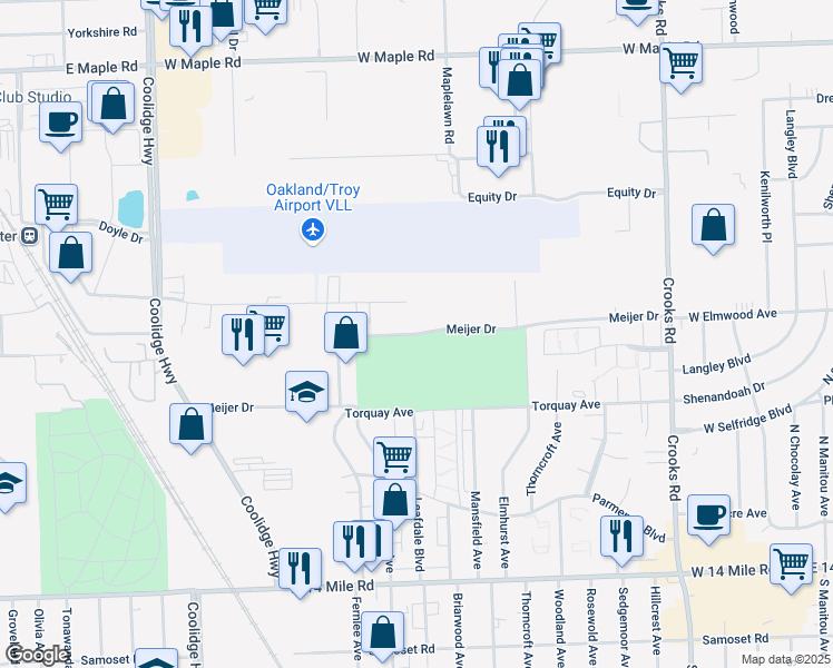 map of restaurants, bars, coffee shops, grocery stores, and more near Meijer Drive in Royal Oak