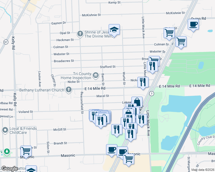 map of restaurants, bars, coffee shops, grocery stores, and more near 20122 Nicke Street in Clinton Township