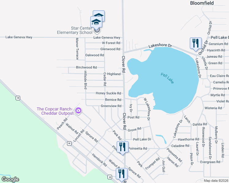 map of restaurants, bars, coffee shops, grocery stores, and more near W1319 Fairview Road in Genoa City