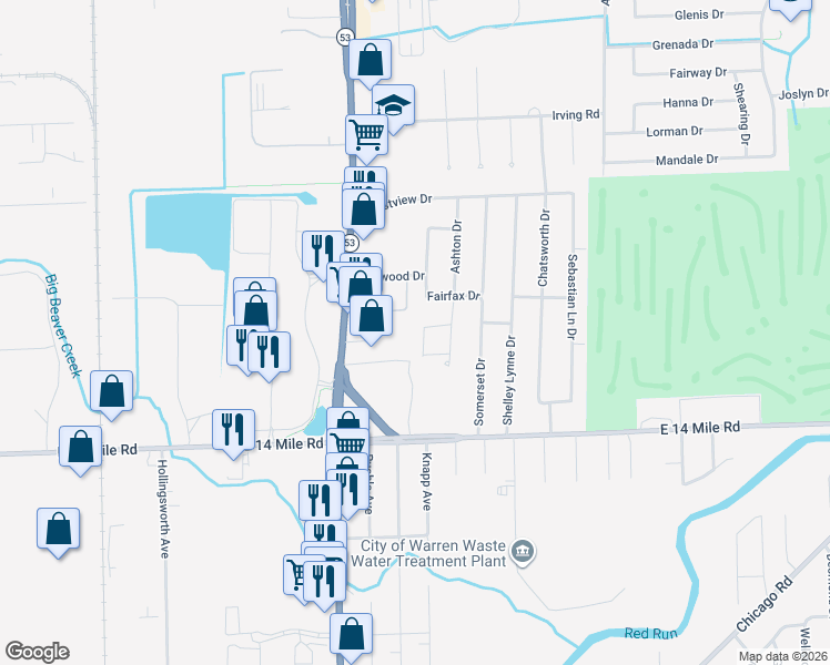map of restaurants, bars, coffee shops, grocery stores, and more near 33561 Avenida Christel in Sterling Heights