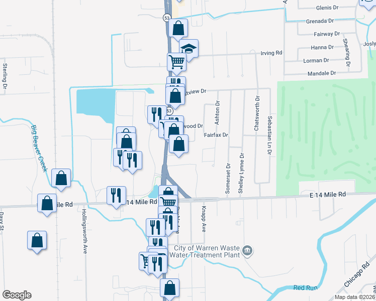 map of restaurants, bars, coffee shops, grocery stores, and more near 33561 Avenida Christel in Sterling Heights