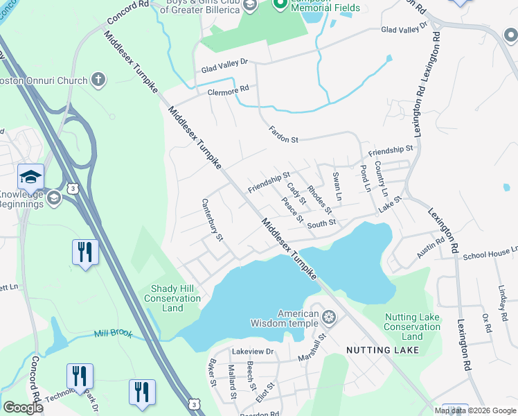 map of restaurants, bars, coffee shops, grocery stores, and more near 498 Middlesex Turnpike Extension in Billerica