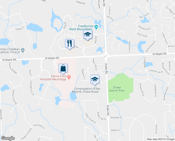 map of restaurants, bars, coffee shops, grocery stores, and more near 6733 Ridgefield Circle in West Bloomfield