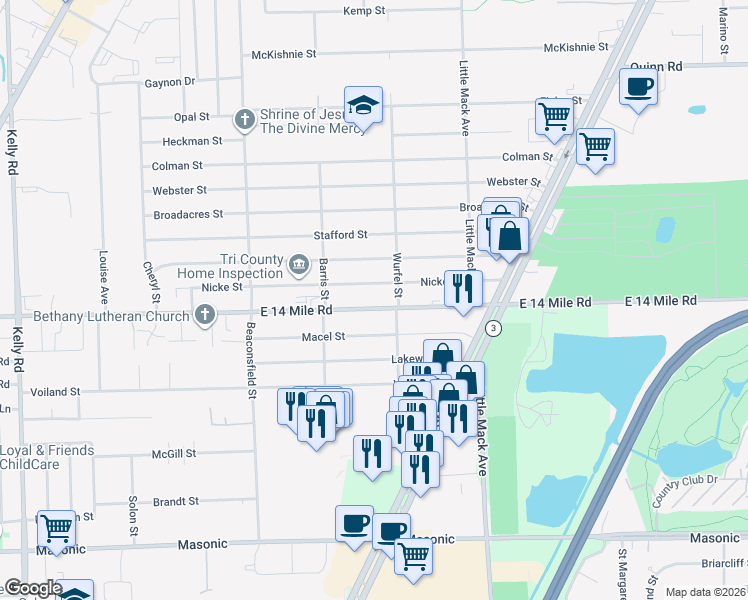 map of restaurants, bars, coffee shops, grocery stores, and more near 20225 East 14 Mile Road in Clinton Township