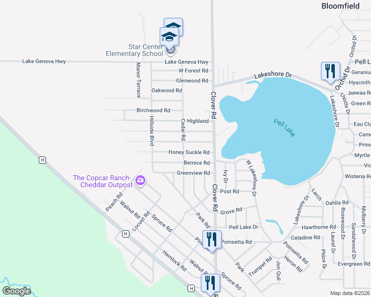 map of restaurants, bars, coffee shops, grocery stores, and more near 1350 Honey Suckle Road in Genoa City
