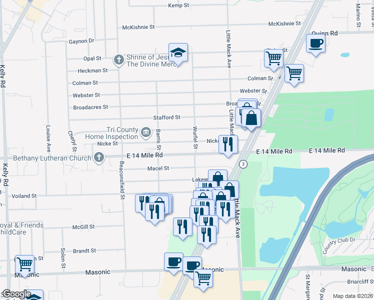 map of restaurants, bars, coffee shops, grocery stores, and more near 20225 East 14 Mile Road in Macomb County