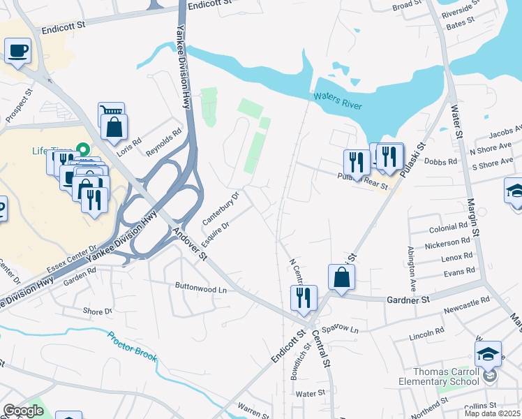 map of restaurants, bars, coffee shops, grocery stores, and more near 8 Esquire Circle in Peabody