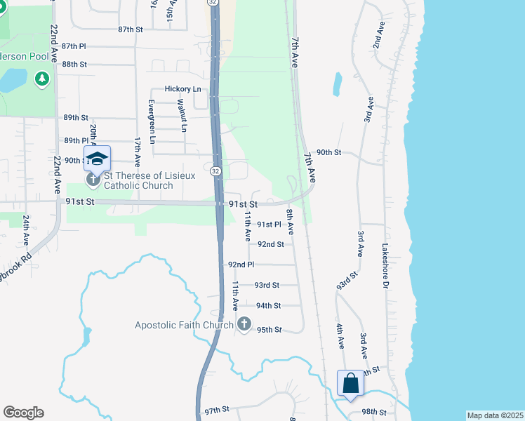 map of restaurants, bars, coffee shops, grocery stores, and more near 1053 91st Street in Pleasant Prairie
