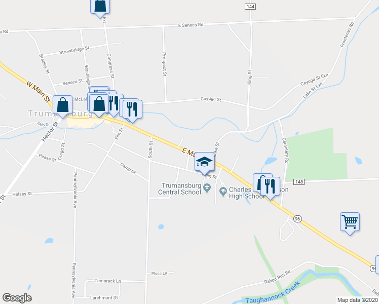 map of restaurants, bars, coffee shops, grocery stores, and more near East Main Street in Trumansburg