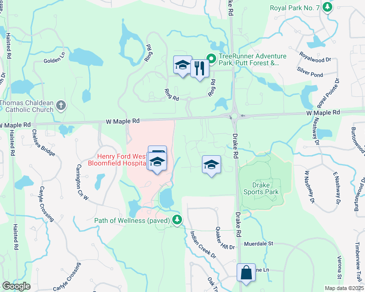 map of restaurants, bars, coffee shops, grocery stores, and more near 6600 Ridgefield Circle in West Bloomfield Township
