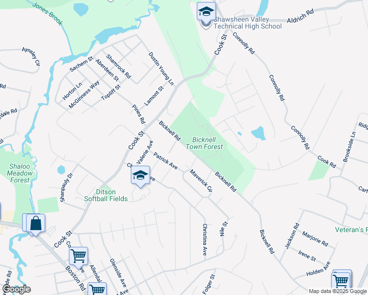 map of restaurants, bars, coffee shops, grocery stores, and more near 25 Bicknell Road in Billerica