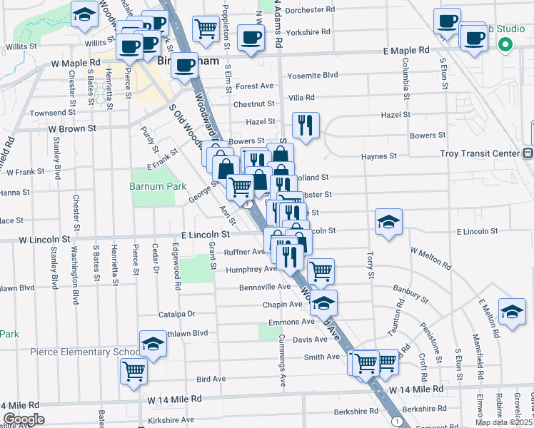 map of restaurants, bars, coffee shops, grocery stores, and more near 34190 South Worth Street in Birmingham