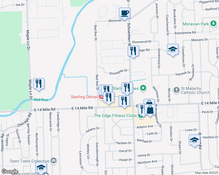 map of restaurants, bars, coffee shops, grocery stores, and more near 13368 Northside Drive in Sterling Heights