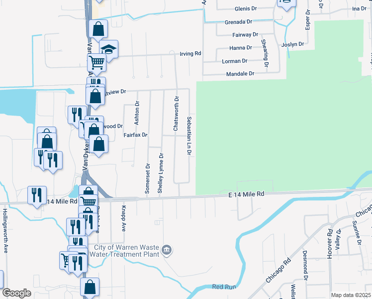 map of restaurants, bars, coffee shops, grocery stores, and more near 33467 Sebastian Lane Drive in Sterling Heights