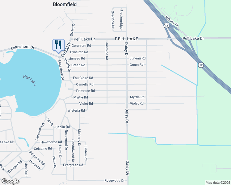 map of restaurants, bars, coffee shops, grocery stores, and more near 917 Primrose Road in Genoa City