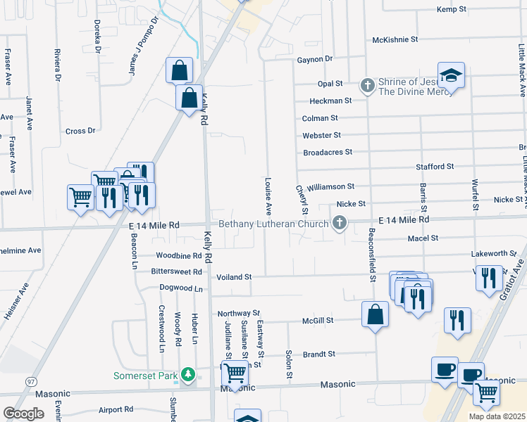 map of restaurants, bars, coffee shops, grocery stores, and more near 33125 Louise Avenue in Clinton Township