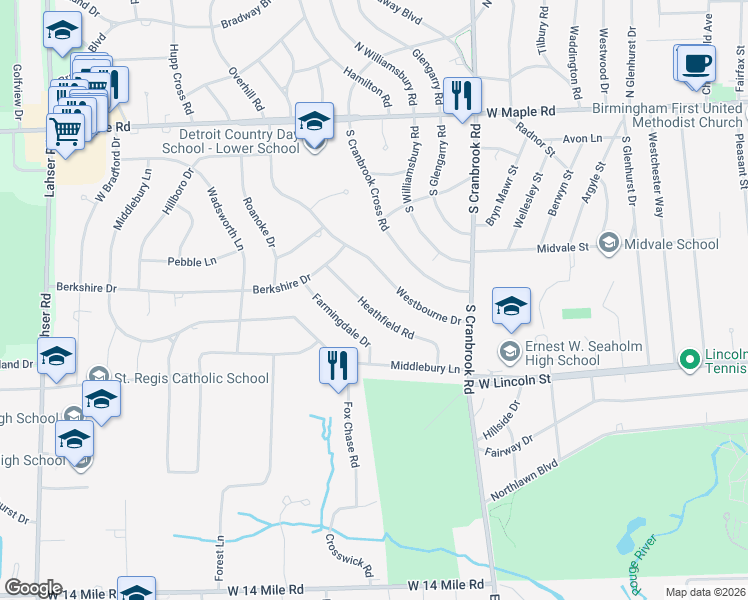 map of restaurants, bars, coffee shops, grocery stores, and more near 2784 Heathfield Road in Bloomfield Township